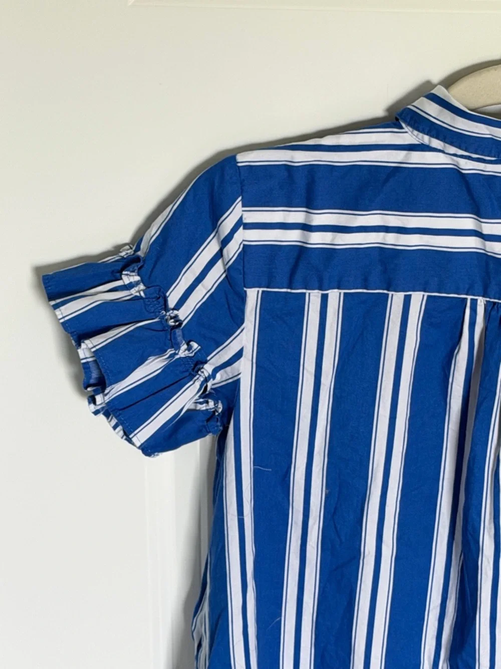 J. Crew Royal Blue & White Striped Ruffle-Sleeve Mini Shirt-Dress 2 54857